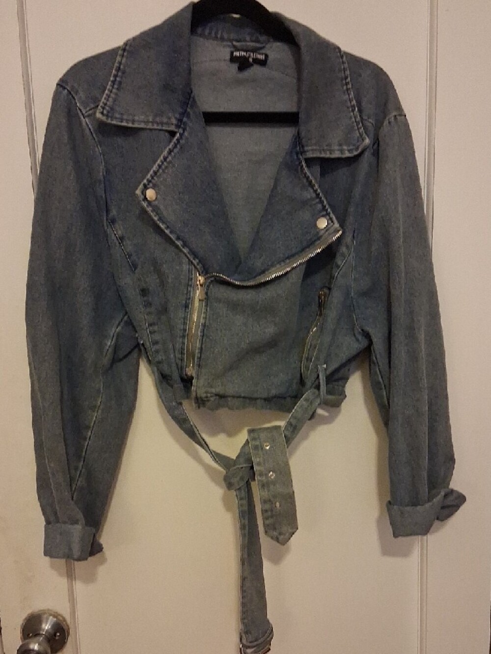 Upcycled PrettyLittleThing denim asymmetrical jacket Yugi Muto patch on back XL - Picture 3 of 5